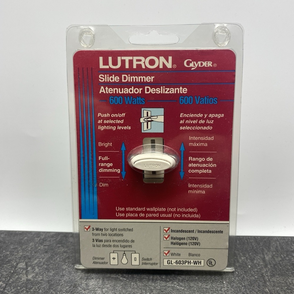 NEW Lutron White GL-603PH-WH Glyder 3-Way Push/Slide Dimmer Light Switch 600W